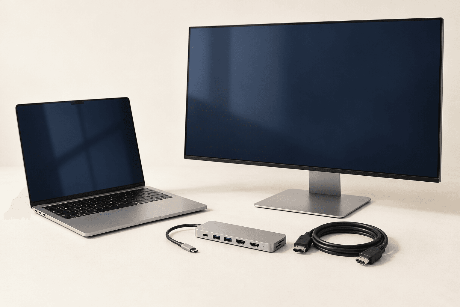 Generated sample desk setup with a laptop, monitor, dock, and cables.