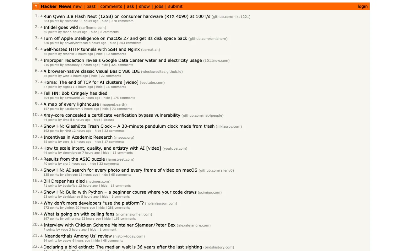 The page before Readable Hacker News