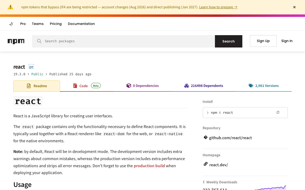 The page before Readable package docs